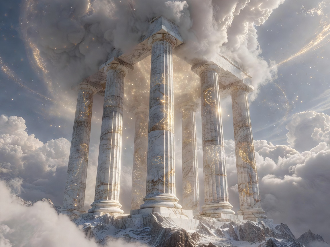 Massive marble columns of a celestial temple on Mount Olympus reaching into the clouds